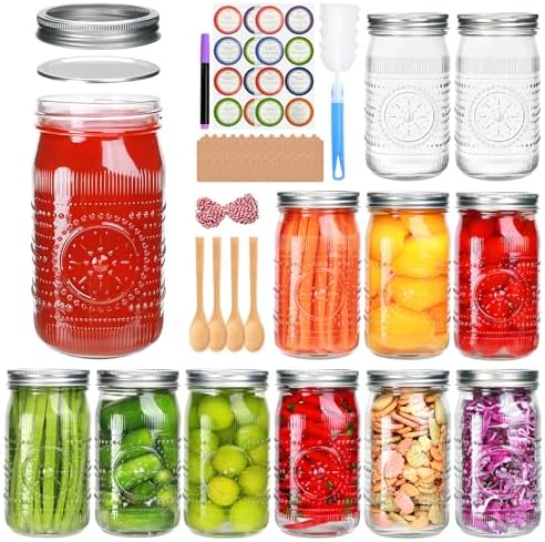Encheng 12 Pack 32oz Wide Mouth Mason Jars with Lids and Bands
