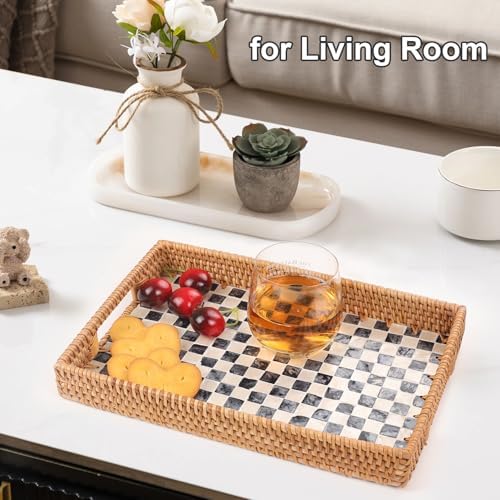 Rectangle Rattan Tray with Mother of Pearl Inlay 13x9 Black Checkerboard Pattern