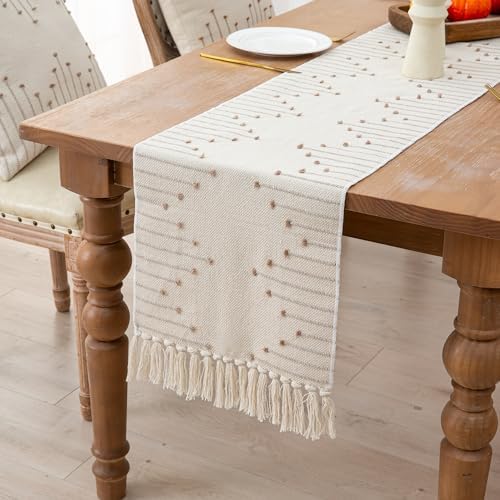 72 Inch Boho Table Runner with Tassels Beige Taupe