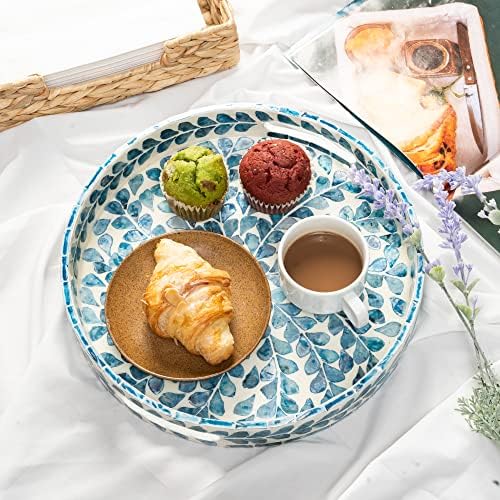 CLAYNIX 125 Inch Round Wooden Serving Tray with Mother of Pearl Inlay