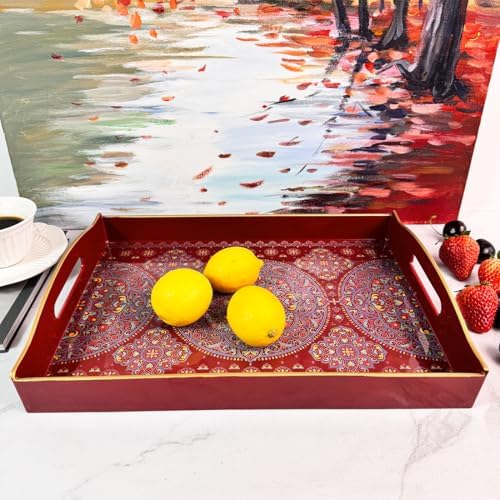 Boho Red Serving Tray with Handles 15x11x25 Inches