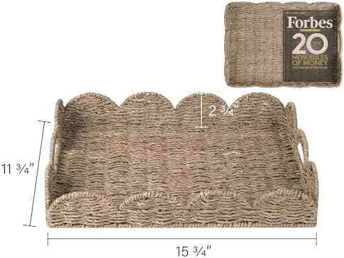 StorageWorks Rectangle Wicker Scalloped Serving Tray with Handles