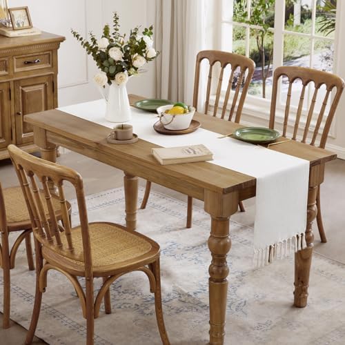 Linen Style Rustic Table Runner 72 Inches Off White with Hand Tassels