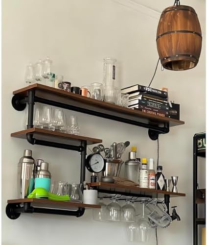Industrial Pipe Shelves Wine Rack Wall Mounted with 4 Stem Glass Holder