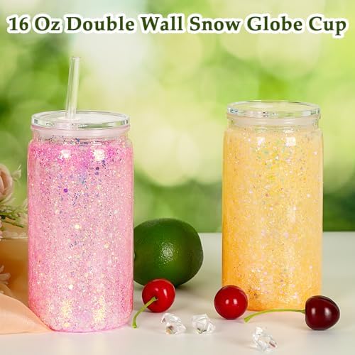 16 Oz Clear Plastic Snow Globe Tumbler with Lid and Straw 10 Pack