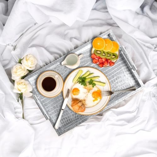 Faux Leather Serving Tray with Handles - 16x12 Inches Silver