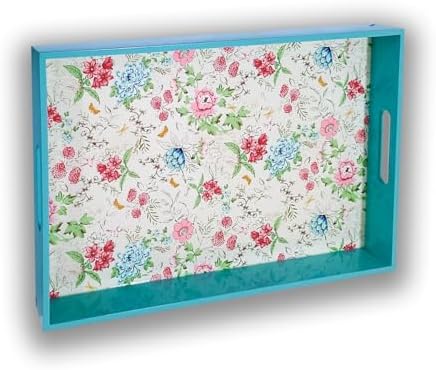 Pink Blue Floral Wooden Serving Tray with Handle