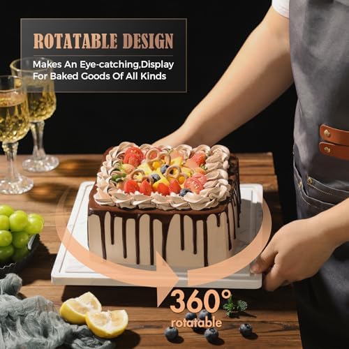 CherHome Square Cake Stand with Rotatable Marble Plate and Lid