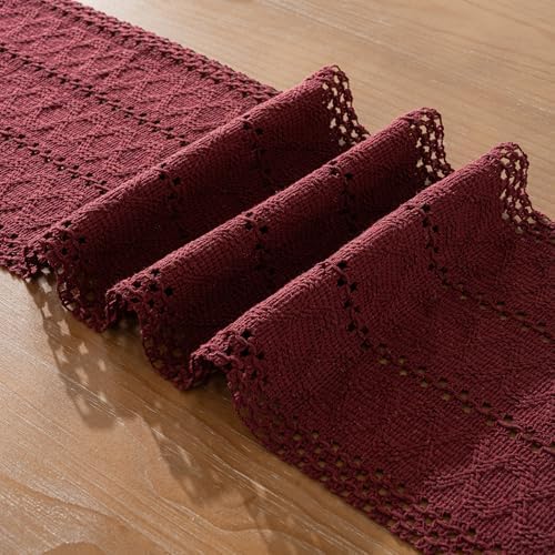 Burgundy Boho Table Runner with Tassels 12x71 Inch