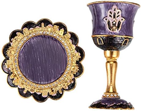 Matashi Hand-Painted Enamel Kiddush Cup Set with Stem and Tray