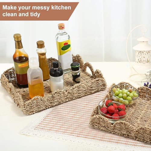 2 Pack Wicker Scalloped Serving Trays with Handles