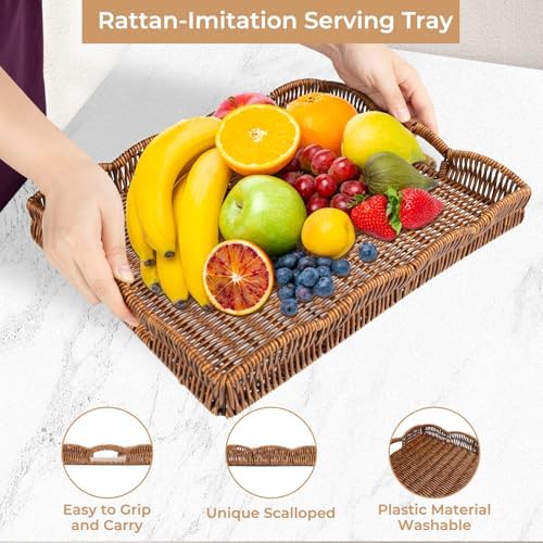 Rectangle Wicker Scalloped Serving Tray with Handles
