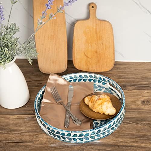 CLAYNIX 125 Inch Round Wooden Serving Tray with Mother of Pearl Inlay