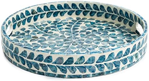 CLAYNIX 125 Inch Round Wooden Serving Tray with Mother of Pearl Inlay