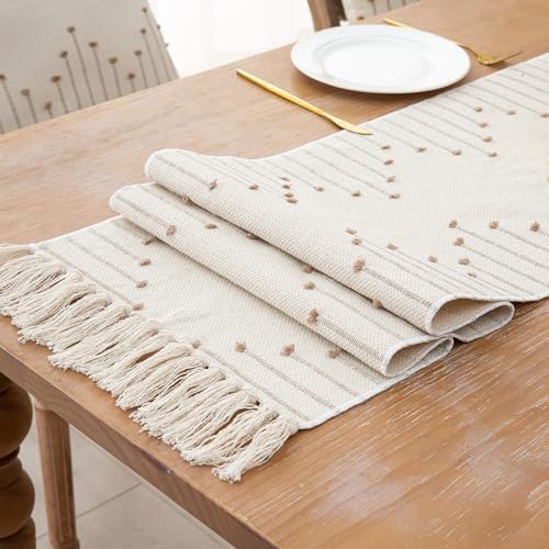 72 Inch Boho Table Runner with Tassels Beige Taupe