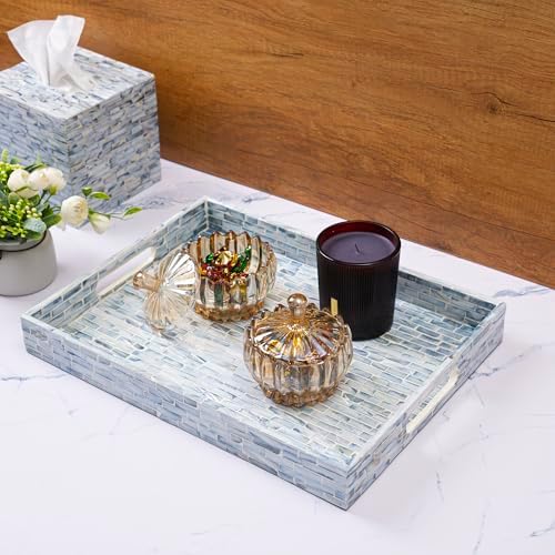CLAYNIX 125 Inch Wooden Lacquer Serving Tray with Mother of Pearl Inlay