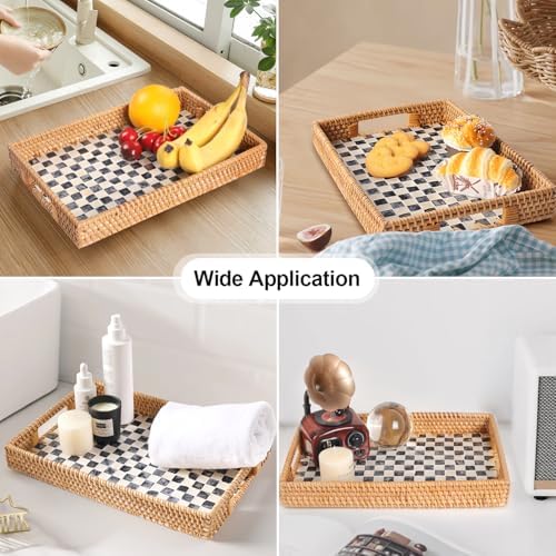 Rectangle Rattan Tray with Mother of Pearl Inlay 13x9 Black Checkerboard Pattern