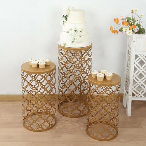 Set of 3 Gold Cylinder Cake Stands with Hollow Pattern