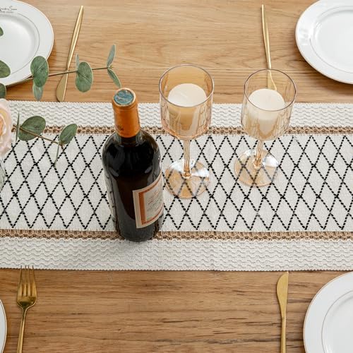 Mayler Yee Boho Table Runner with Tassels 12x90 Inch Black Beige