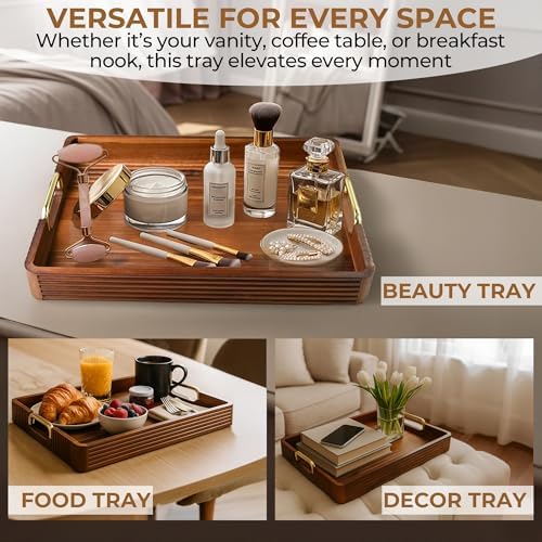 Acacia Wood Serving Tray with Metal Handles 17x12in