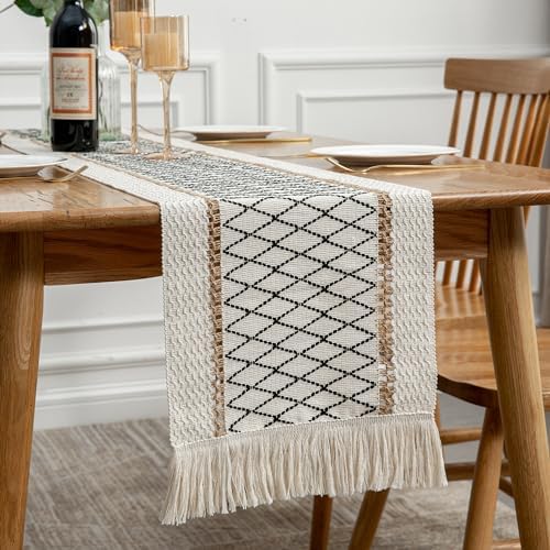 Mayler Yee Boho Table Runner with Tassels 12x90 Inch Black Beige