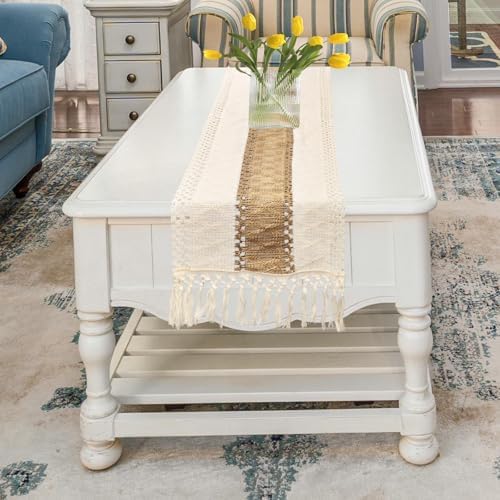 Boho Macram Table Runner - 48x12 Inch Beige
