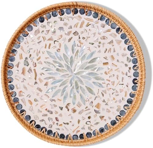 Round Rattan Tray with Mother of Pearl Inlay and Wooden Base