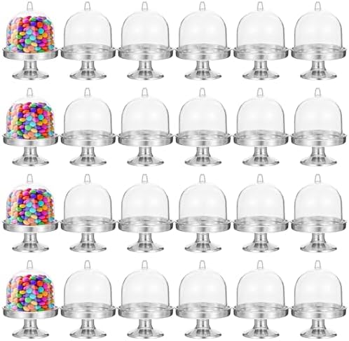 24 Pcs Mini Cupcake Stand with Clear Dome Cover - Silver