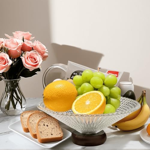FAMUKEN Glass Fruit Bowl with Wood Pedestal