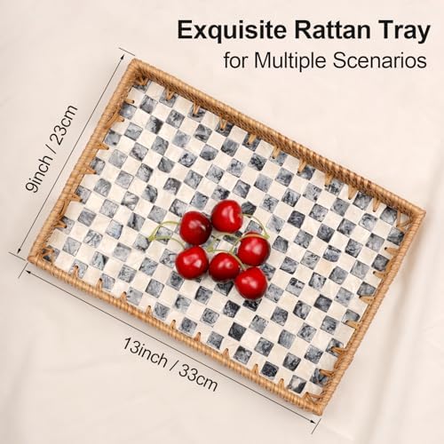 Rectangle Rattan Tray with Mother of Pearl Inlay 13x9 Black Checkerboard Pattern