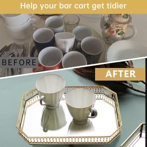 Bar Cart Tray with Gold Handles and Mirrored Surface