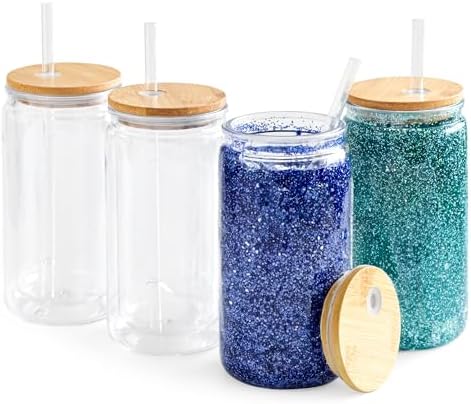 4 Pack Acrylic Snow Globe Tumblers with Bamboo Lids and Straws 1