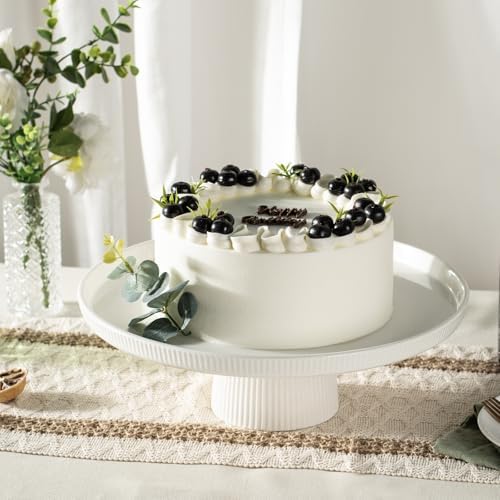 13 Inch Ceramic Cake Stand Elegant White and Striped Design
