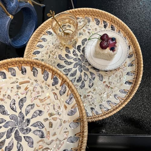 14 Inch Rattan Serving Tray with Mother of Pearl Inlay