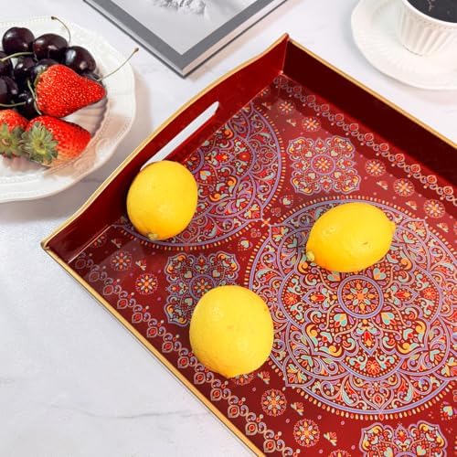 Boho Red Serving Tray with Handles 15x11x25 Inches