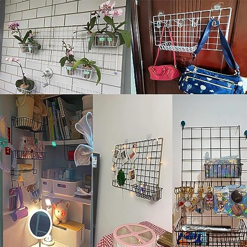 2 Pack Grid Panels Hanging Wire Basket Storage with Plastic Hooks
