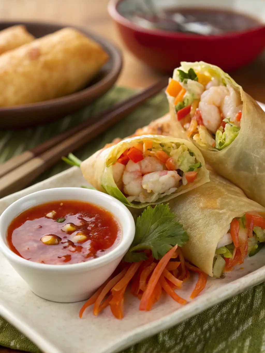 A beautifully arranged Vegetable Spring Rolls platter, featuring crispy spring rolls with a variety of fresh vegetables and a tangy dipping sauce.