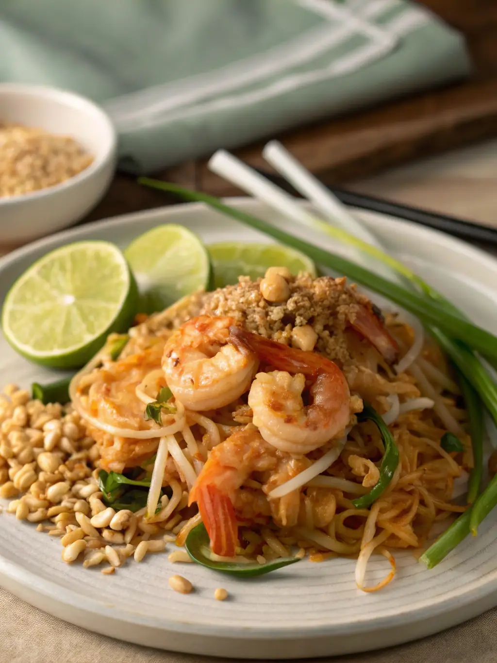 A colorful image of the Pad Thai Noodles platter, garnished with fresh lime wedges, crushed peanuts, and vibrant green cilantro, showcasing a mix of shrimp and vegetables.