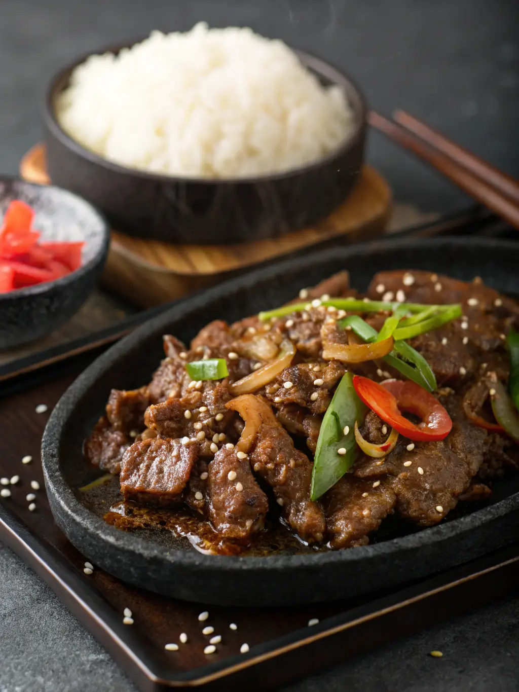 An image of the Beef Bulgogi platter, showcasing tender slices of marinated beef grilled to perfection, served with rice and fresh vegetables.